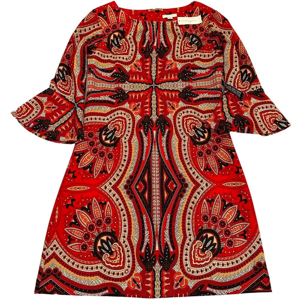 NWT New York & Company Dark Red Paisley Print Bell Sleeve Dress. Sz L Be…